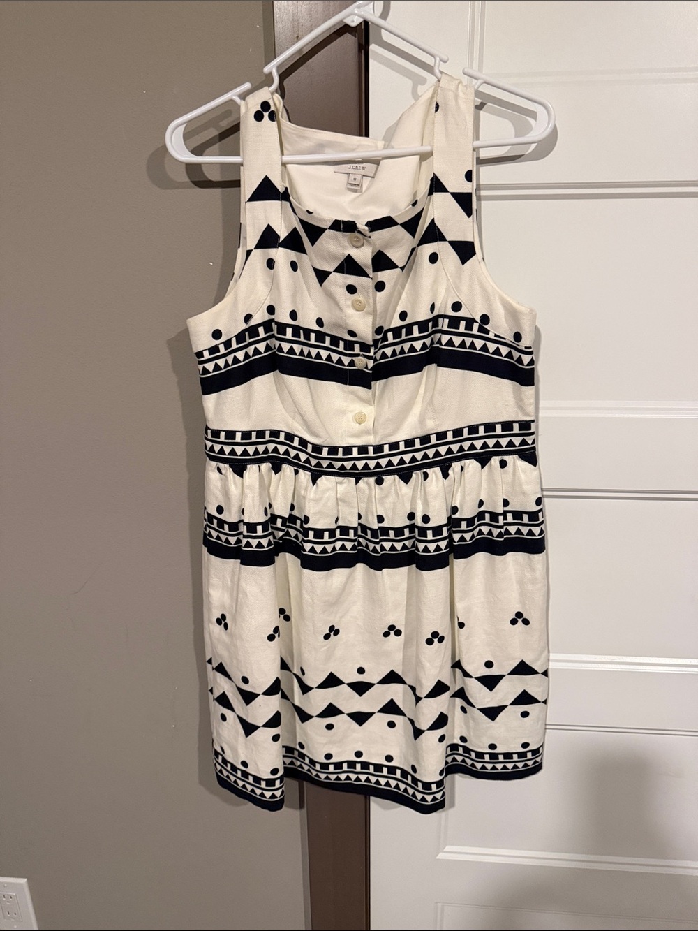 J. Crew White Midi Dress with Black Geometric Print